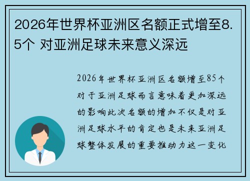 2026年世界杯亚洲区名额正式增至8.5个 对亚洲足球未来意义深远